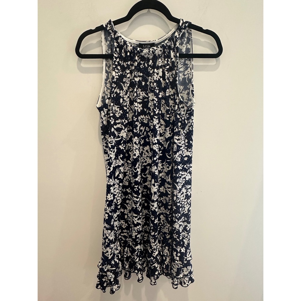 MSK Petite Navy Blue White Floral Sequin Ruffle Hem Sleeveless Dress Size PL